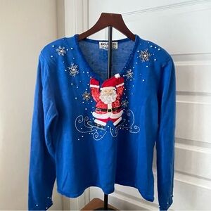 Vintage Jack B Quick Christmas Santa Blue V Neck Sweater Embroidered Sequin S/M